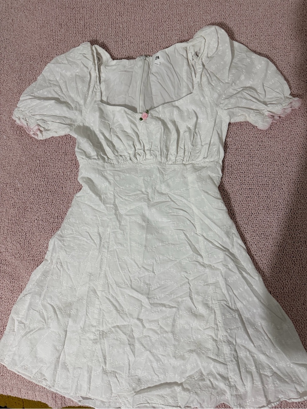 LPA White Eyelet Puff-Sleeve Mini Dress with Pink Trim